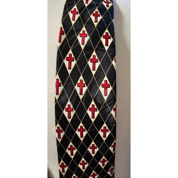 Steven Harris Black Tie - Red Christian Cross Gold Diamond Stripes Korea - Picture 3 of 7